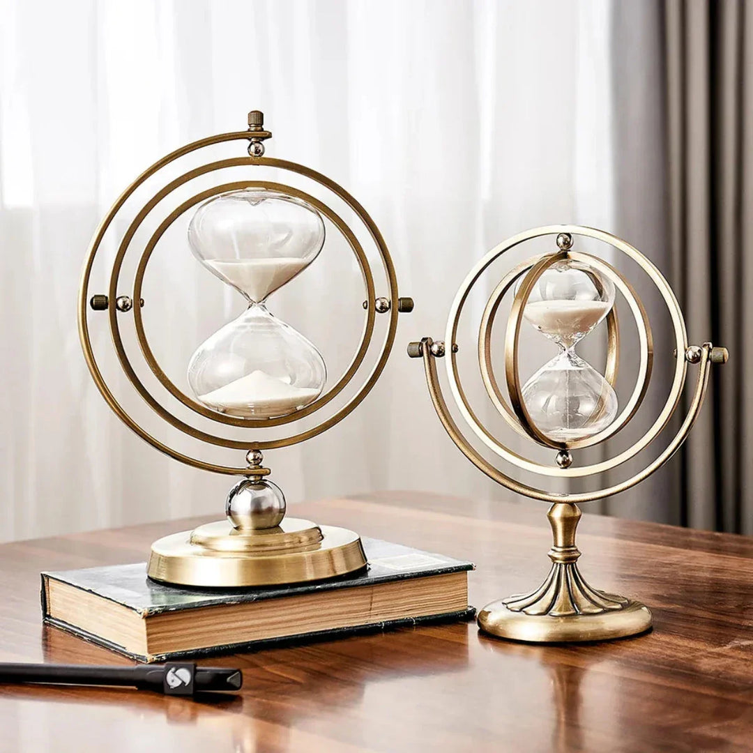 Elegancka klepsydra aluminiowa, dekoracyjny timer do biura i domu. Zegar piaskowy w nowoczesnym stylu. Prezent.