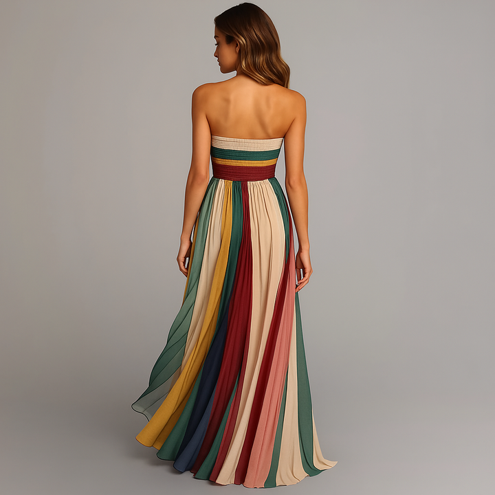 Modna letnia sukienka maxi damska, plisowana, bez ramiączek, w stylu colorblock, dla wygody i stylu.