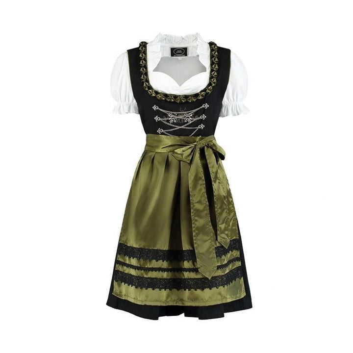 Kobieca sukienka Dirndl czarno-oliwkowa z bluzką, podkreślająca sylwetkę, tradycyjny strój na Oktoberfest.
