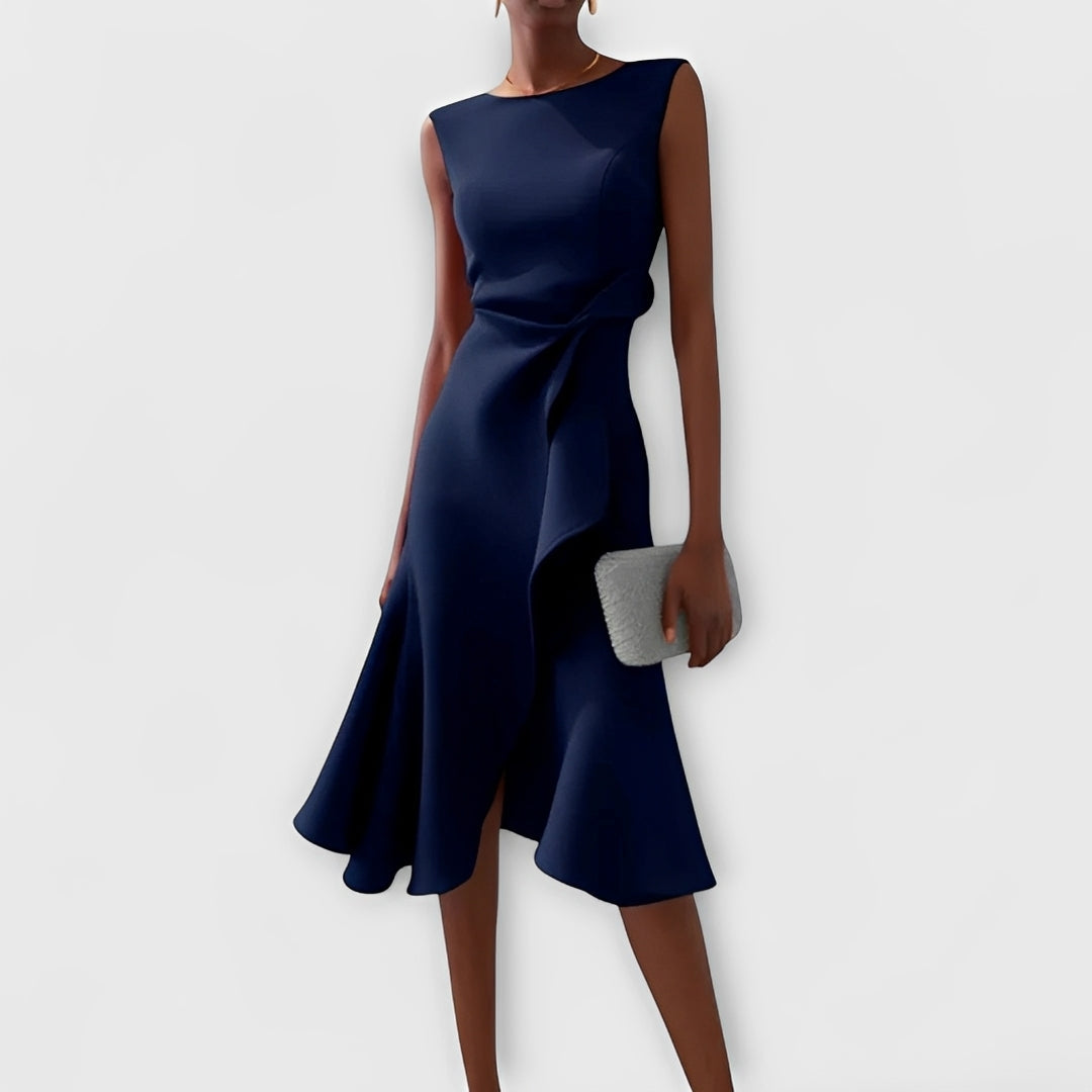 Uroczysta sukienka midi damska z eleganckim drapowaniem. Idealna moda damska na specjalne wyjścia.