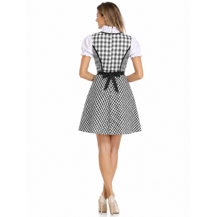 Komplet damski Dirndl tyrolski w czerwoną kratę. Klasyczny strój na Oktoberfest z bluzką i fartuszkiem.