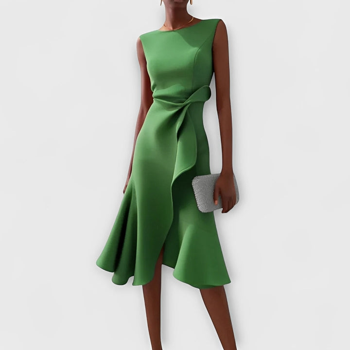 Stylowa sukienka wieczorowa midi dla kobiet, elegancki krój i modny design. Uroczysta stylizacja.