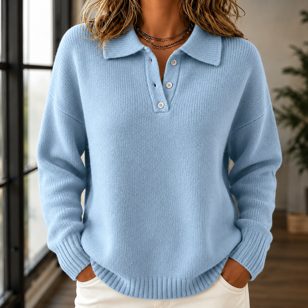 Damski sweter polo dzianinowy z kołnierzykiem. Idealny na jesień i zimę. Elegancki i wygodny.