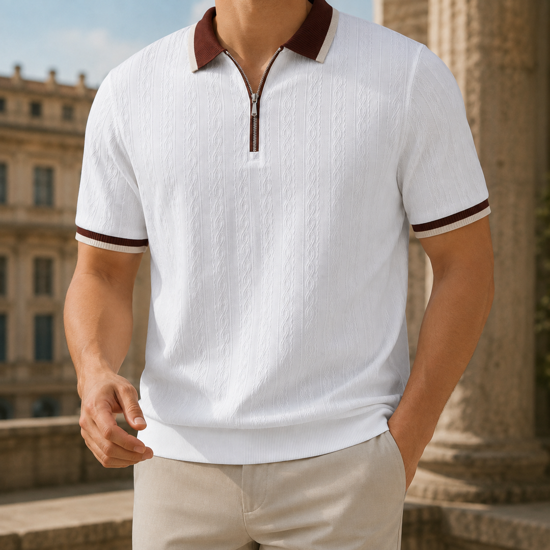 Wygodna męska koszulka polo z teksturą, półzamkiem, uniwersalna do stylizacji casual i smart casual.