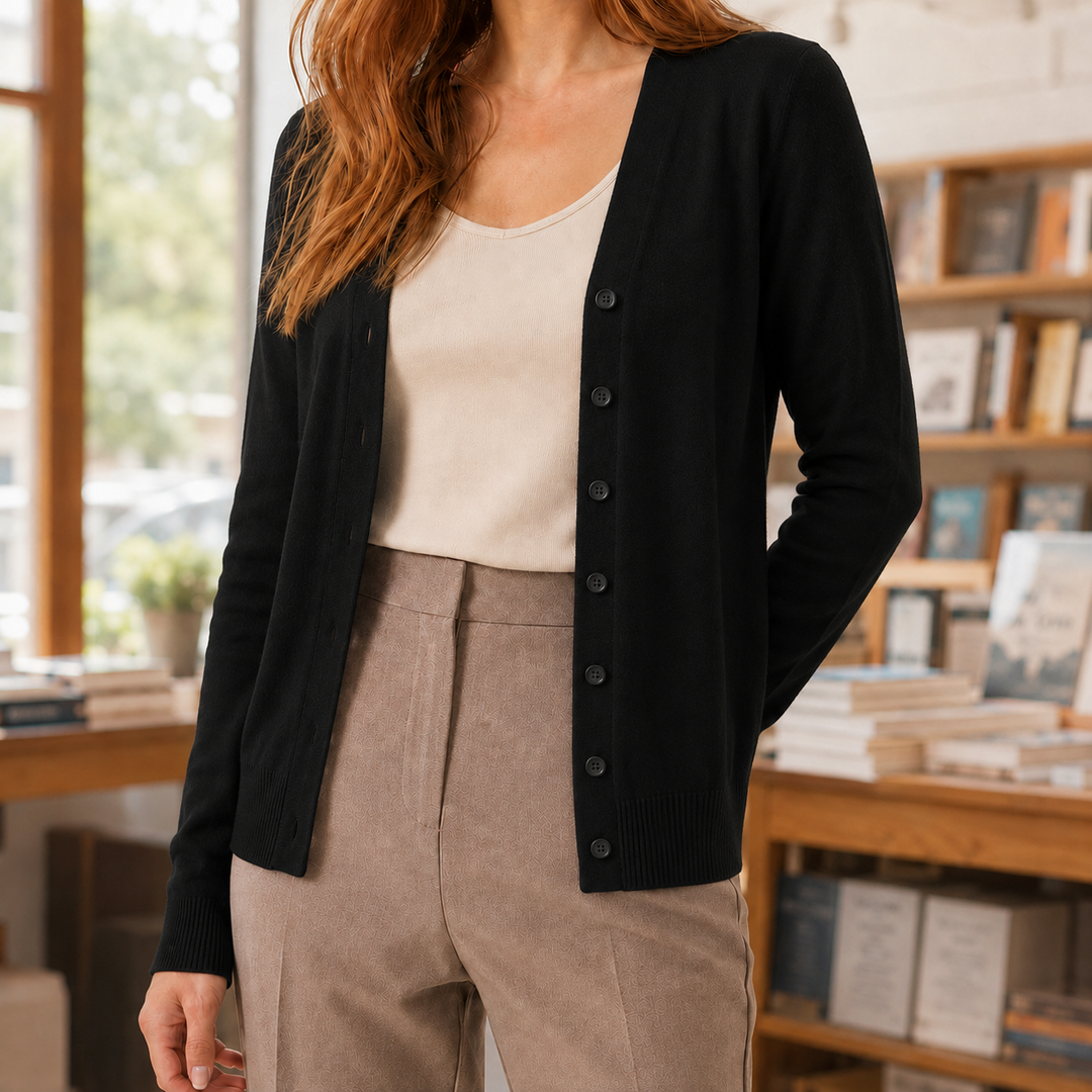 Wygodny sweter damski z dekoltem V i guzikami. Must-have w stylizacjach warstwowych i biurowych.