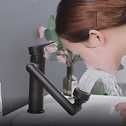 Czarna bateria umywalkowa TwistFlow 1080°, elastyczny obrotowy kran do nowoczesnej łazienki.