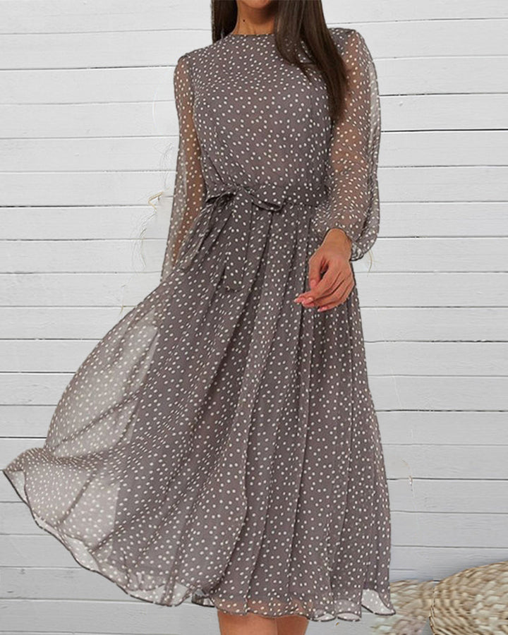 Szara sukienka midi damska w kropki, luźna, w stylu A-line, z długim rękawem, na co dzień i eleganckie okazje.