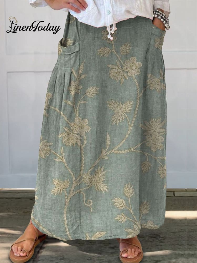 Lniana spódnica maxi Aurelia dla kobiet, w kwiecisty wzór retro, luźny krój, idealna na lato i wiosnę, z kieszeniami.