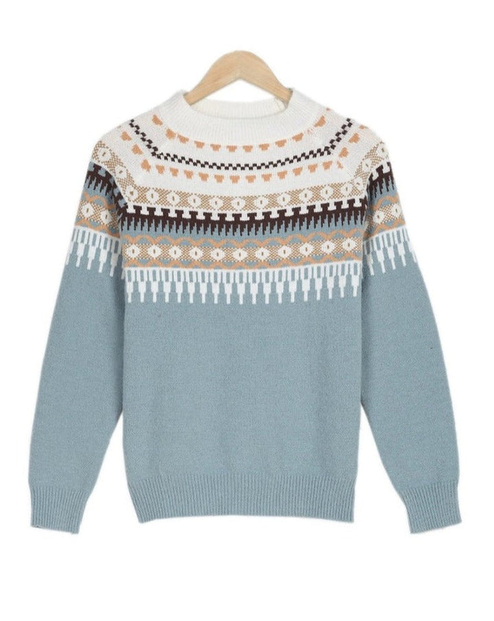 Zbliżenie na wzór Fair Isle damskiego swetra, modny, ciepły, idealny na jesienne i zimowe dni.