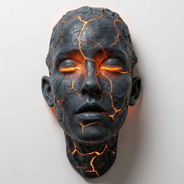 Unikalny kinkiet ścienny: rzeźba twarzy z podświetlanymi pęknięciami. Lampa LED modern art do salonu.