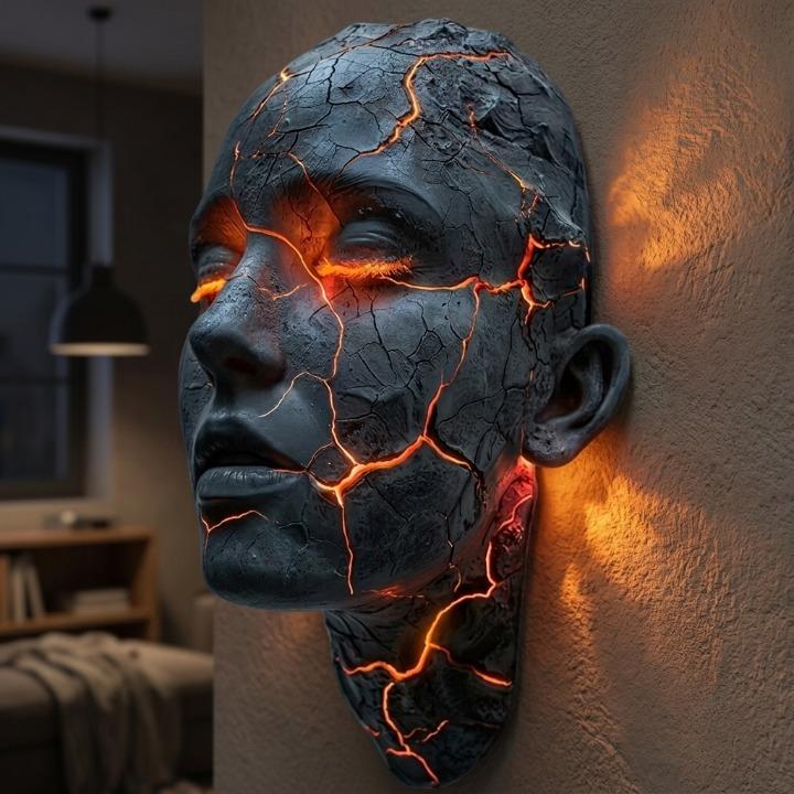 Kinkiet modern art w stylu loft, rzeźba twarzy z nastrojowym podświetleniem LED. Oświetlenie ścienne.