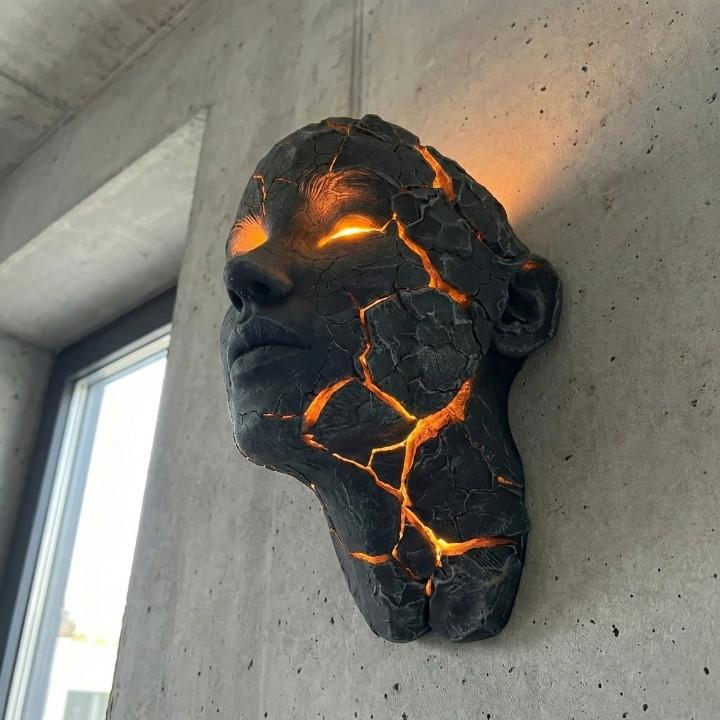 Nastrojowy kinkiet LED, rzeźba twarzy z podświetleniami. Oświetlenie ścienne modern art do wnętrz.