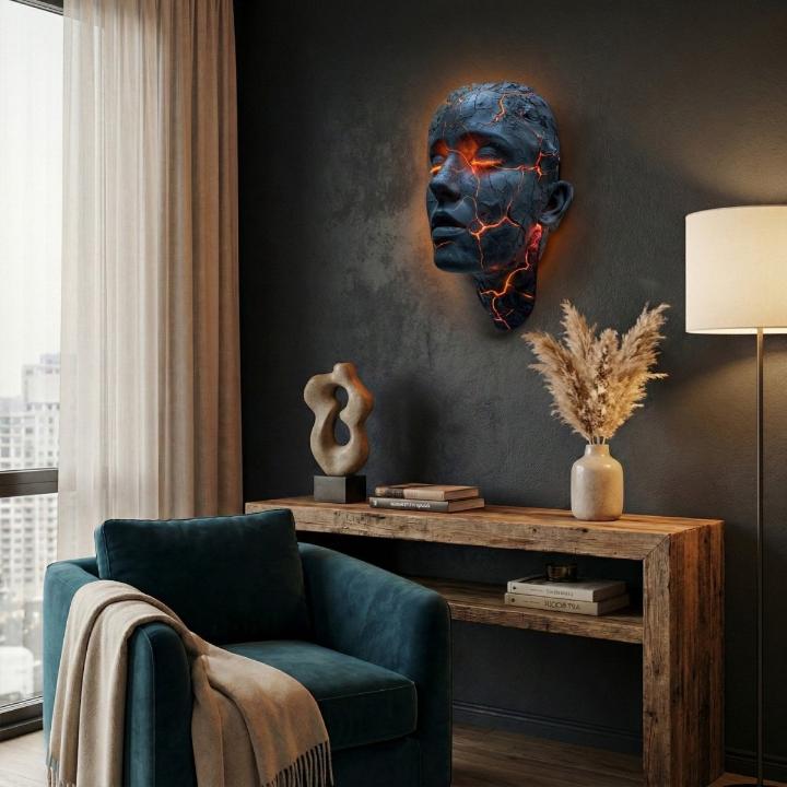 Artystyczna lampa ścienna, rzeźba twarzy z podświetleniem LED. Modern art idealna do wnętrz loft.
