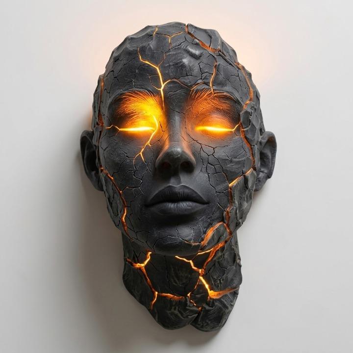 Kinkiet ścienny „Twarz” z podświetleniem LED i pęknięciami. Designerska lampa modern art, dekoracja.