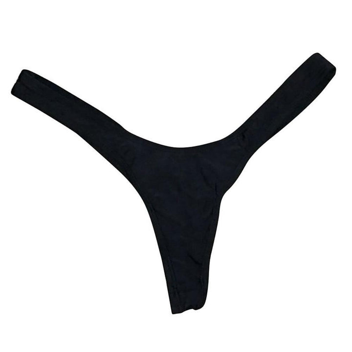 Czarne damskie stringi bikini z szybkoschnącego poliestru, idealne na plażę i lato. Elegancki kostium kąpielowy.