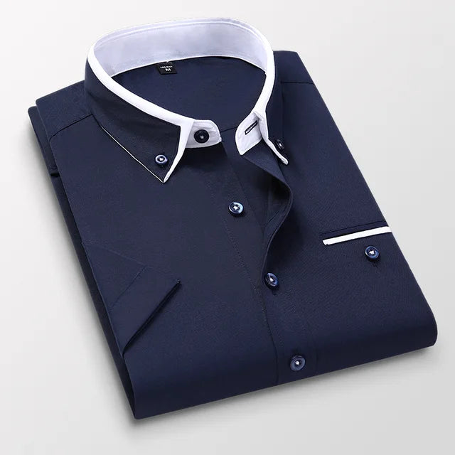 Męska koszula Victor z krótkim rękawem. Elegancka biznesowa odzież, klasyczny kołnierzyk, idealna na lato.