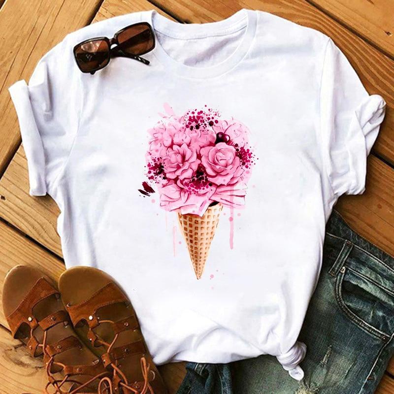 Damska koszulka T-shirt z modnym nadrukiem wzorów. Letnia odzież casual z luźnym krojem i okrągłym dekoltem.