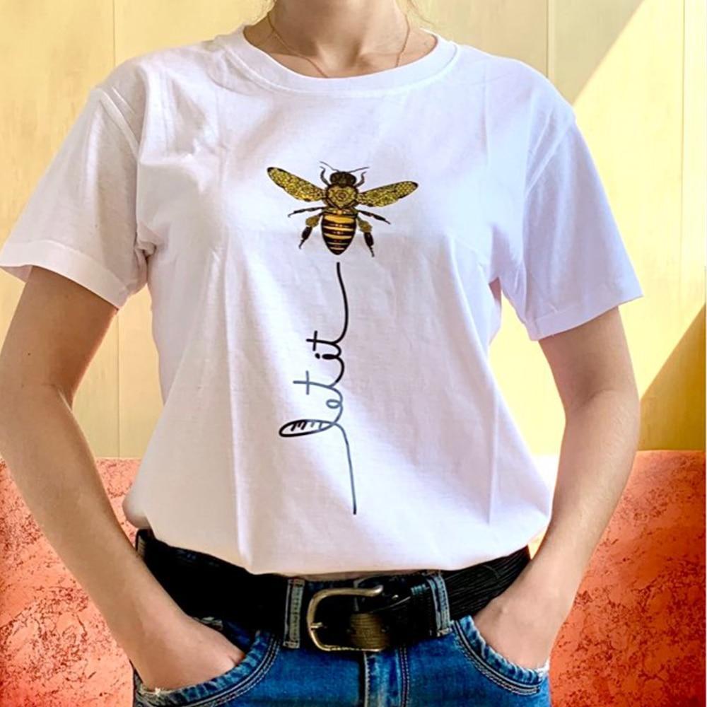 Damska koszulka T-shirt z modnym motywem pszczoły. Wygodna, luźna i casualowa, idealna na lato.