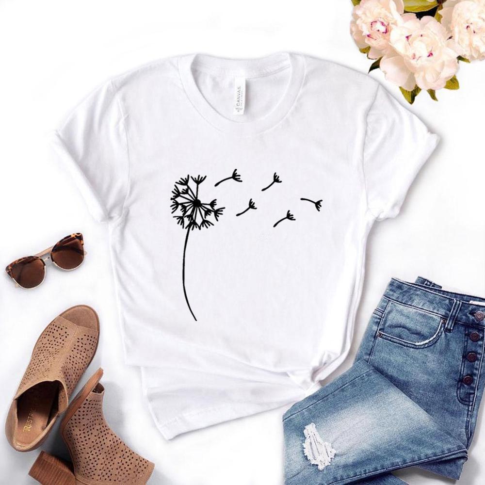 Damski T-shirt z modnym nadrukiem dmuchawca. Luźna koszulka z krótkim rękawem, idealna do casualowych stylizacji.
