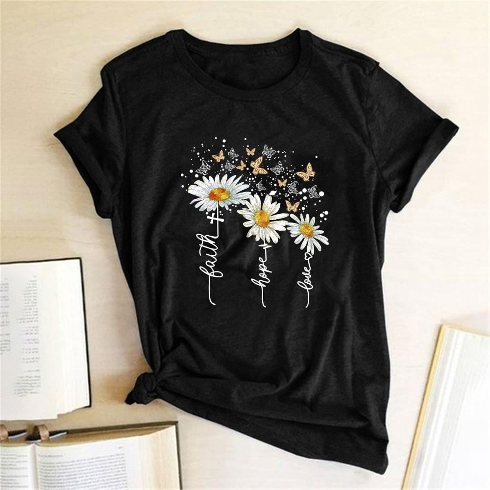 Damska koszulka T-shirt z modnym kwiatowym nadrukiem, idealna na lato.