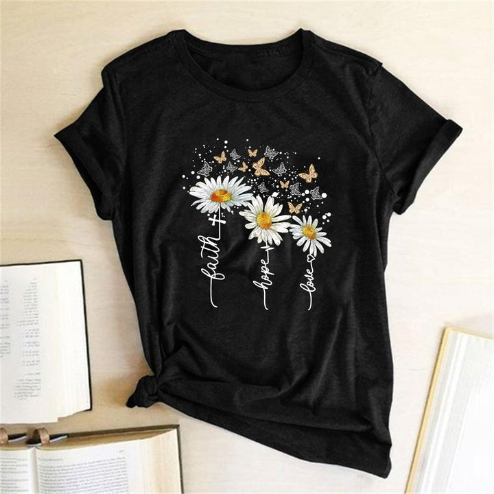 Damska koszulka T-shirt z modnym kwiatowym nadrukiem, idealna na lato.