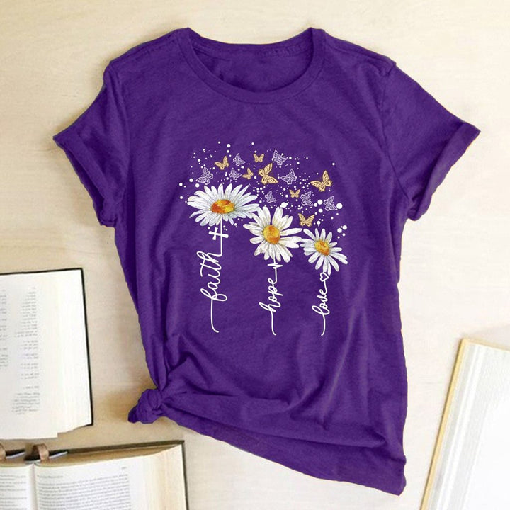 Letnia casualowa damska koszulka T-shirt z żywym kwiatowym wzorem, idealna na wakacje.