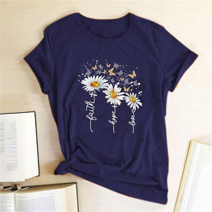 Wygodna letnia damska koszulka T-shirt casual z kolorowym nadrukiem kwiatów.