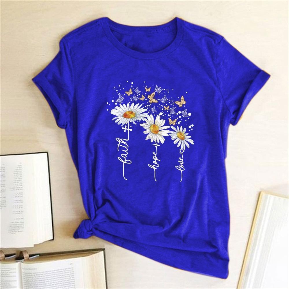 Modna damska koszulka T-shirt z letnim kwiatowym nadrukiem, komfortowa i stylowa.