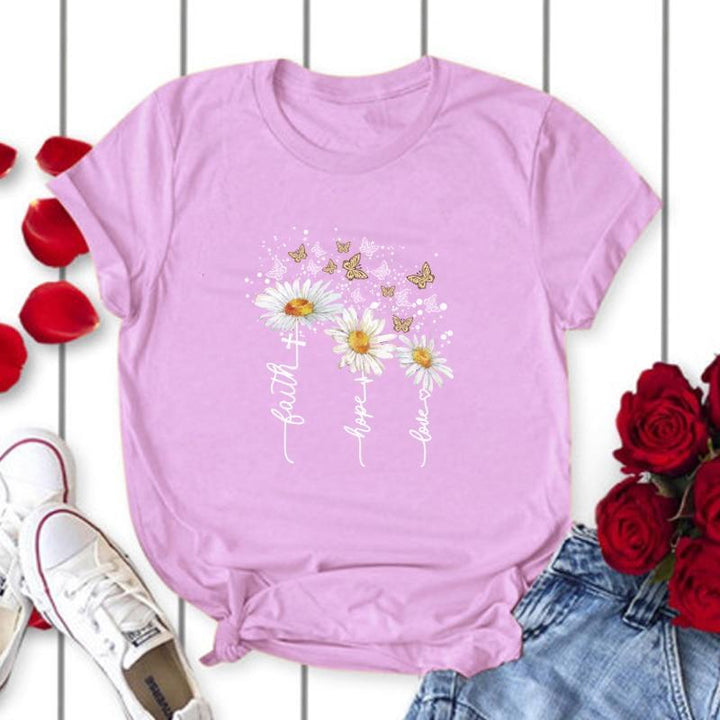 Damska koszulka T-shirt z modnym kwiatowym wzorem, idealna na codzienne, letnie outfity.