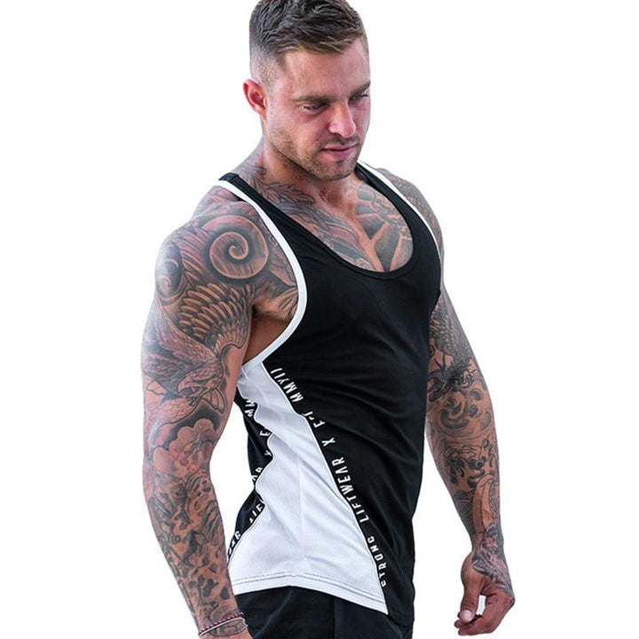 Męska koszulka tank top dwukolorowa, dopasowany krój. Modna letnia odzież casualowa dla mężczyzn.