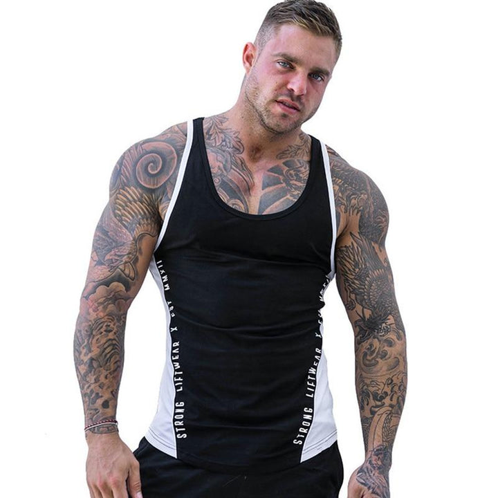 Komfortowy męski tank top letni, dwukolorowy. Idealny do casualowych stylizacji, z modnymi napisami.