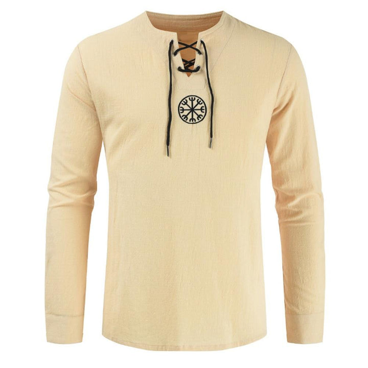 Męska koszulka z długim rękawem vintage, sznurowany dekolt V-neck. Modna i casualowa odzież męska.