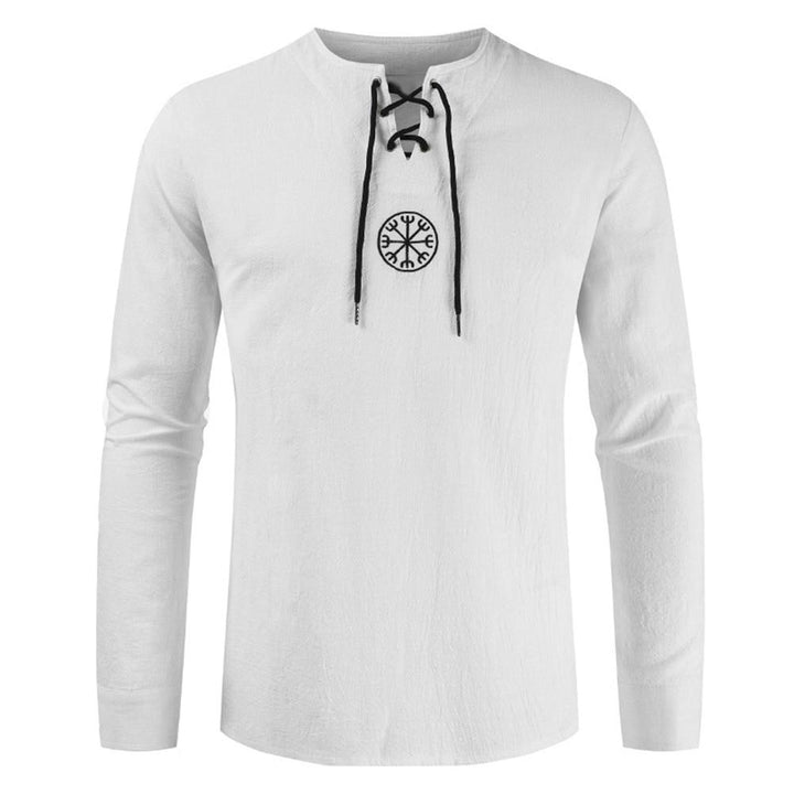 Modna męska koszulka vintage z długim rękawem. Sznurowany dekolt V-neck, wygodna do codziennego noszenia.