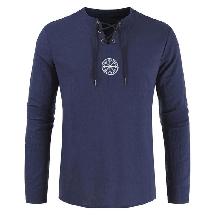 Elegancka męska koszulka z długim rękawem, styl vintage. Sznurowany dekolt V-neck, casualowa i trwała.