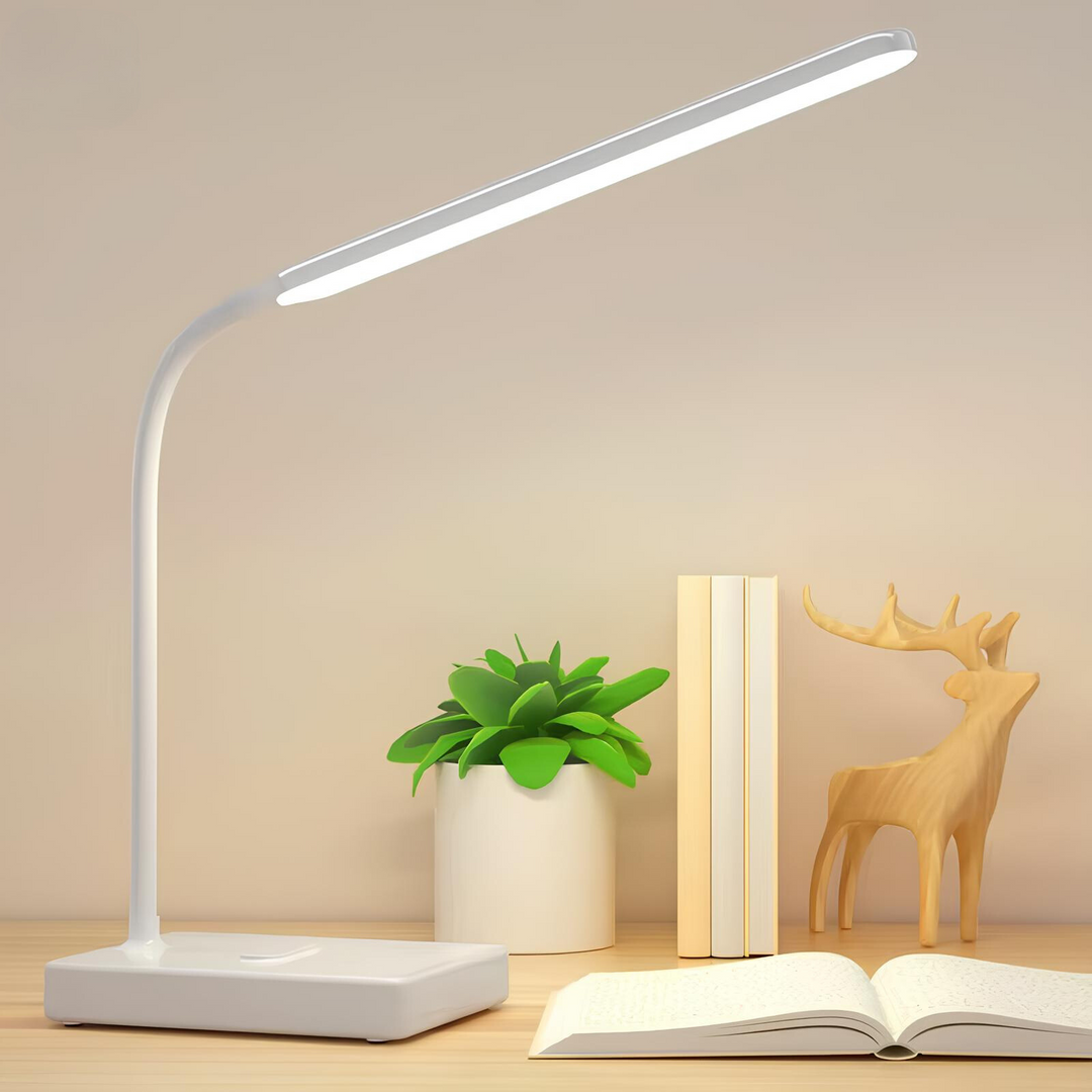 Nowoczesna lampa biurkowa LED z giętkim ramieniem i płynną regulacją jasności, do biura i domu.