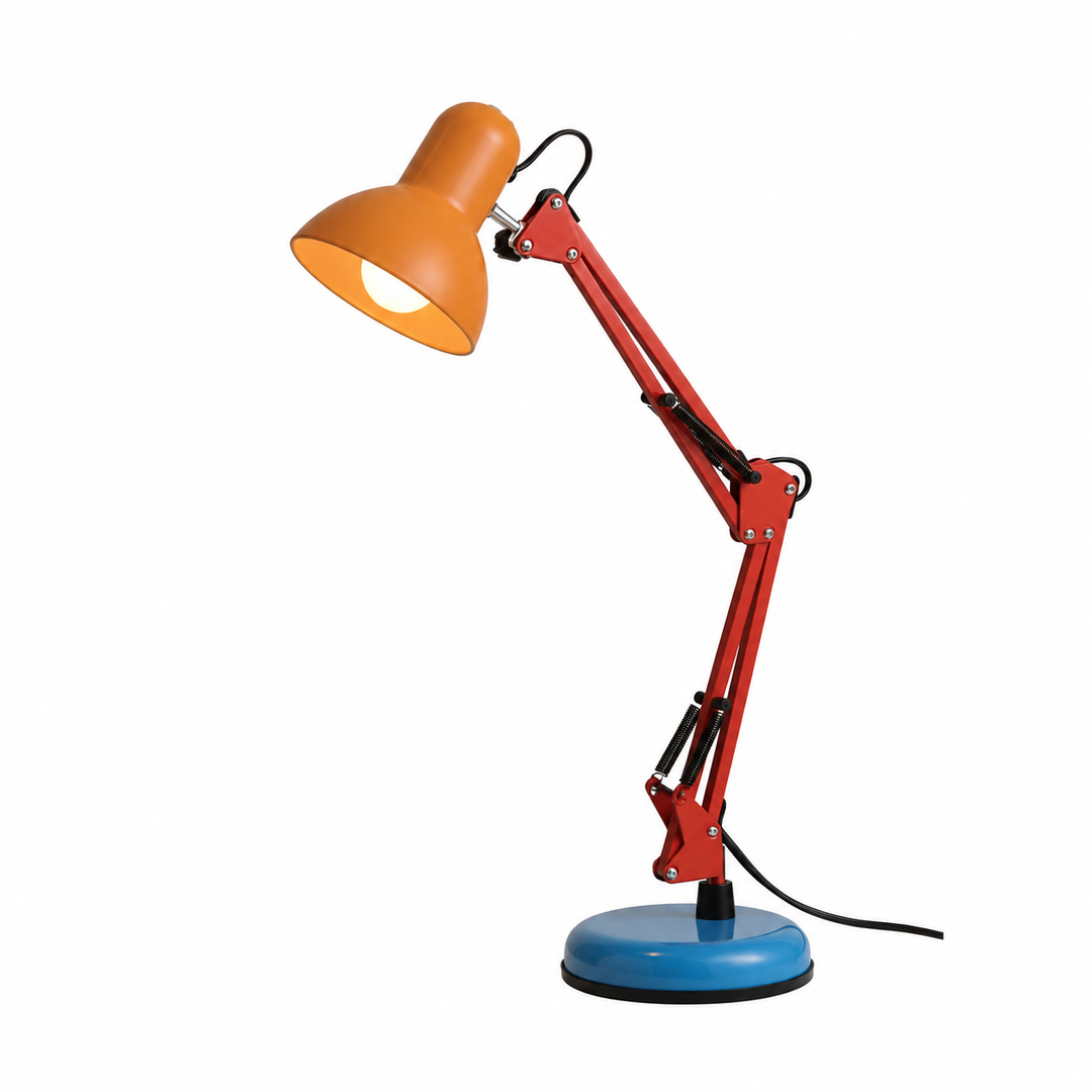 Retro lampa biurkowa z regulowanym ramieniem, idealna do pracy i nauki. Metalowy design vintage, oświetlenie E26.