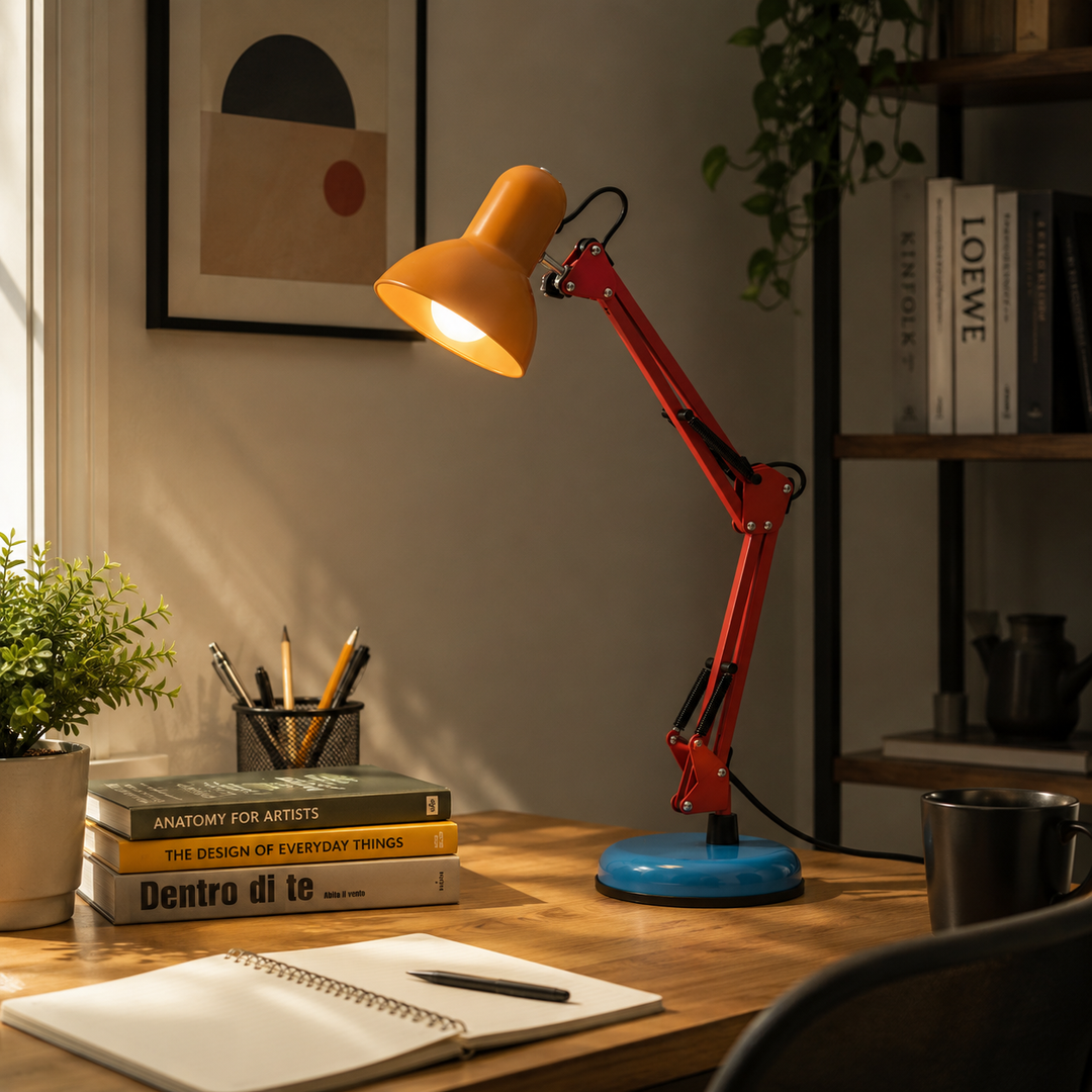Stylowa metalowa lampa biurkowa w stylu retro/vintage. Regulowane ramię zapewnia komfort pracy i nauki.