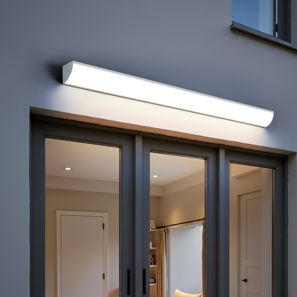 Nowoczesna lampa tarasowa LED, biała, minimalistyczna, aluminiowa, do elewacji.