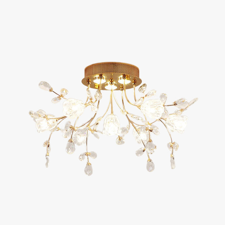 Nowoczesna złota lampa sufitowa LED z kryształami i kwiatowymi elementami Art Deco.
