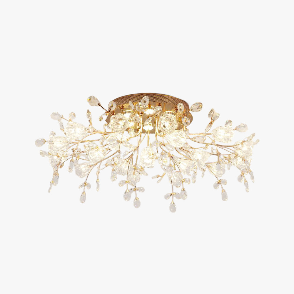 Designerska złota lampa sufitowa LED glamour z kryształami i kwiatowymi detalami.