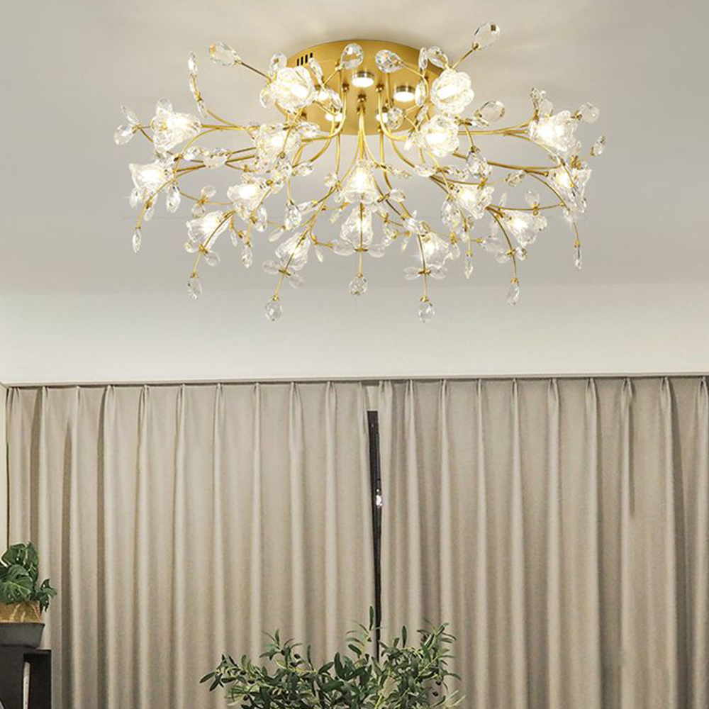 Kryształowa lampa sufitowa Art Deco, złota, z efektem kwiatów. Nowoczesne oświetlenie LED.