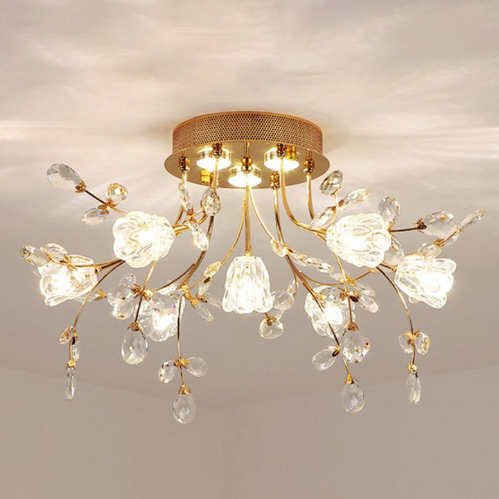 Lampa sufitowa Art Deco LED z kryształowymi kwiatami. Designerski dodatek do salonu.