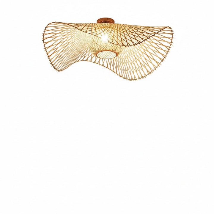 Lampa sufitowa boho z plecionym rattanem. Naturalny klosz w kształcie fali idealny do salonu, sypialni. Oświetlenie.