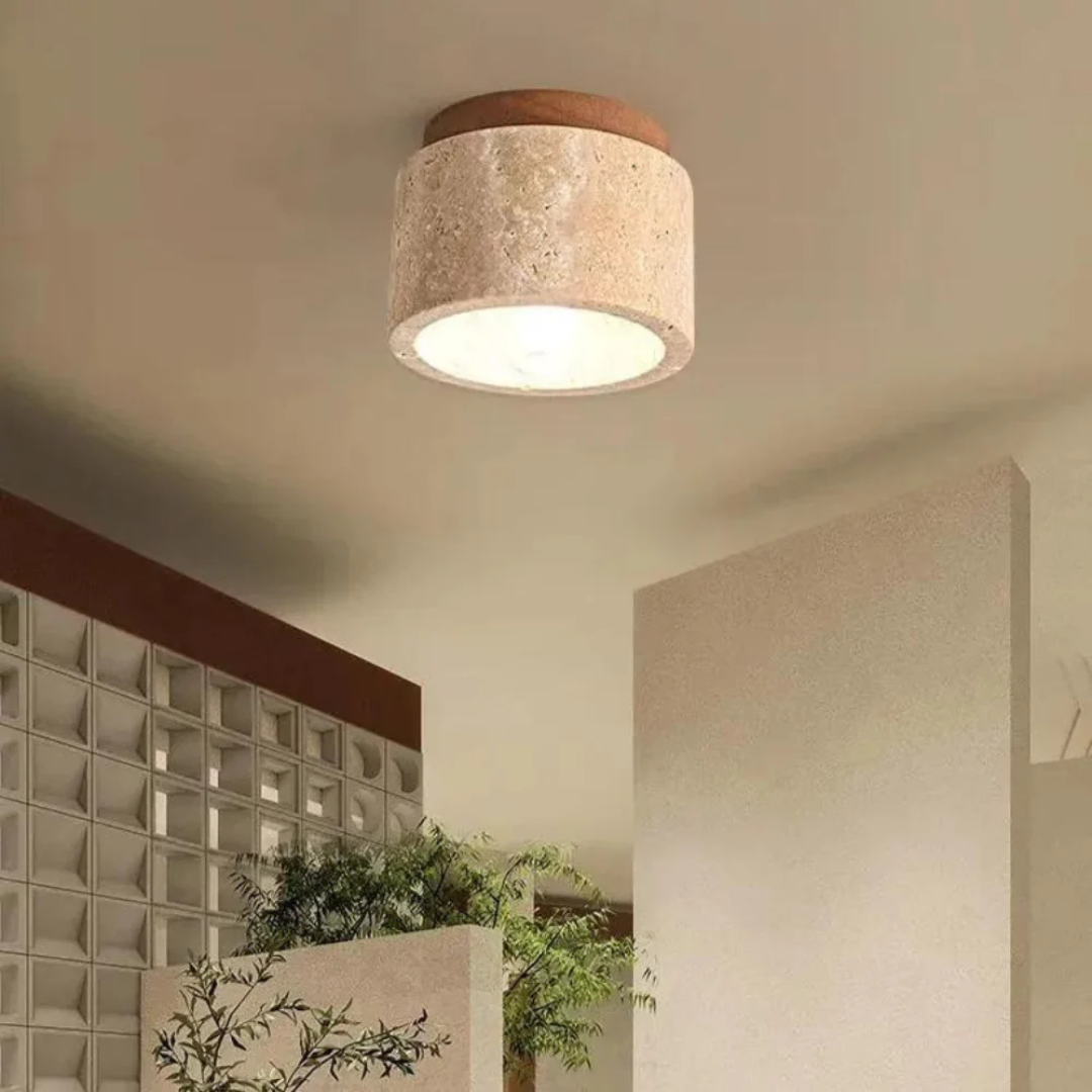 Minimalistyczna lampa sufitowa Japandi. Designerskie oświetlenie LED w stylu skandynawskim, klosz marmur, drewno.