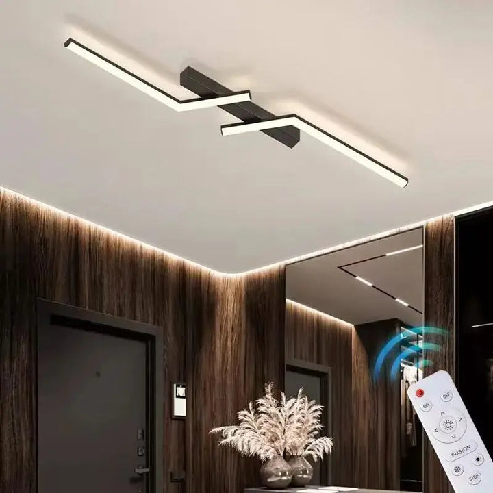 Minimalistyczna lampa sufitowa LED liniowa, ciepła biel. Designerskie oświetlenie do salonu, biura, jadalni.