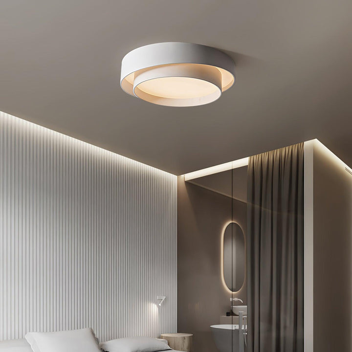Elegancka minimalistyczna lampa sufitowa LED z podwójnym okręgiem i pilotem.