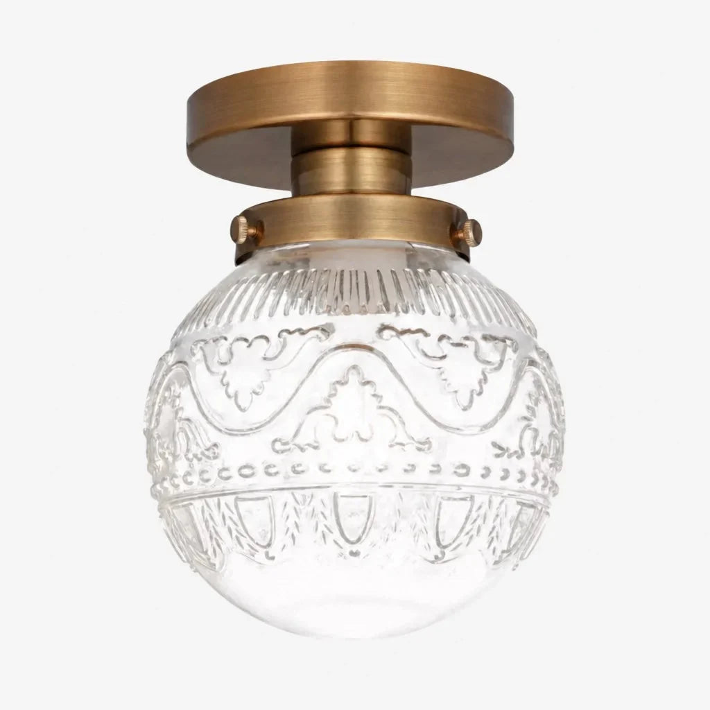 Unikalna lampa sufitowa vintage. Grawerowany szklany klosz kula, mosiądz. Oświetlenie retro.