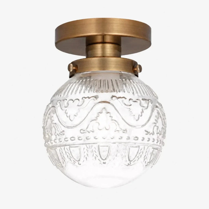Unikalna lampa sufitowa vintage. Grawerowany szklany klosz kula, mosiądz. Oświetlenie retro.