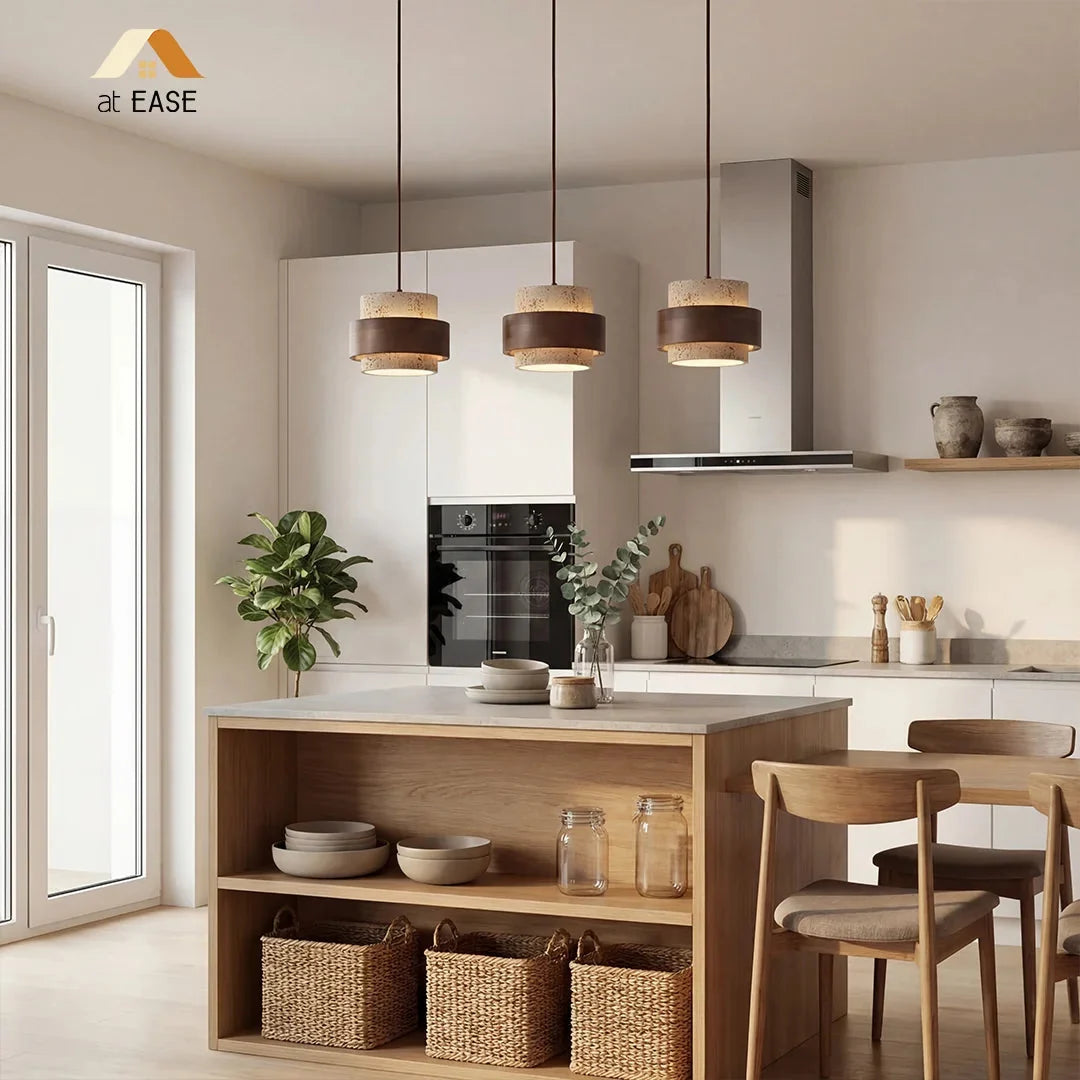 Minimalistyczna lampa wisząca. Kamienny klosz, drewniane wykończenie. Cylindryczny design Japandi.