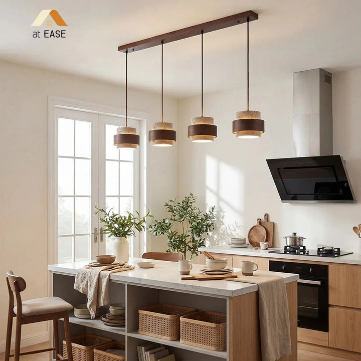 Oświetlenie Japandi z kamienia i drewna. Cylindryczna lampa wisząca. Organiczny design do wnętrz.